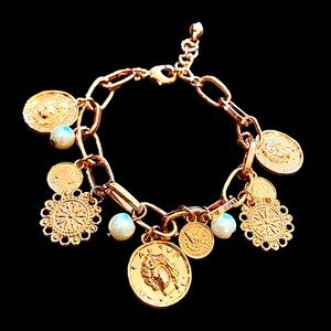 🌹 NEW Rose Tone 7.5” Adjustable Coin + Pearl Charm Bracelet